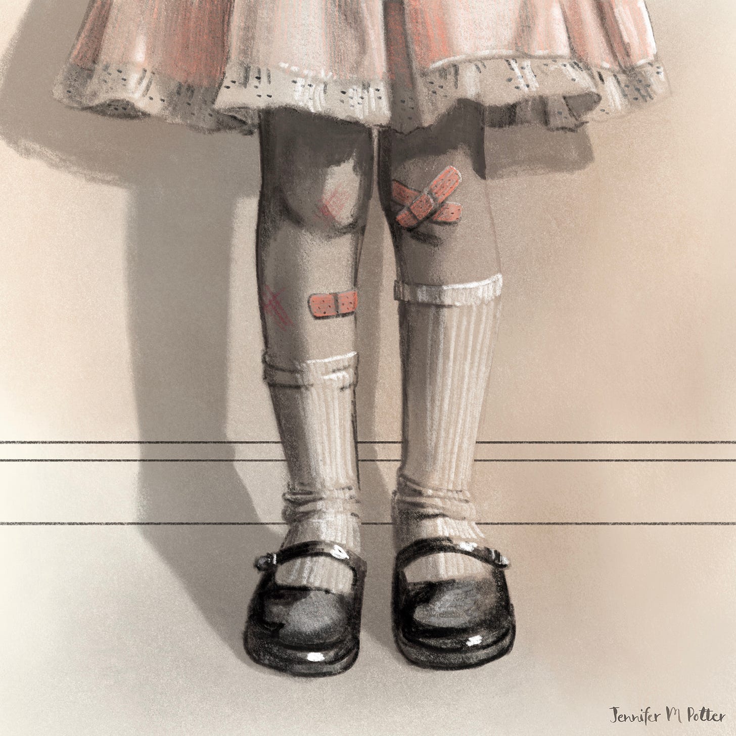 Illustration by Jennifer M Potter of a little girl's scraped-up knees