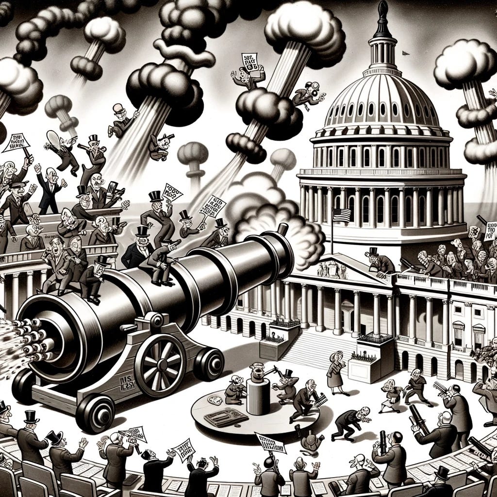 1930s cartoon-style illustration of the US Capitol. Animated legislators use giant, cartoonish cannons to fire nukes at each other. The scene is filled with smoke, flying nukes, and comic action. Some legislators shield themselves with oversized umbrellas, while others comically misfire, adding humor to the chaotic scenario.