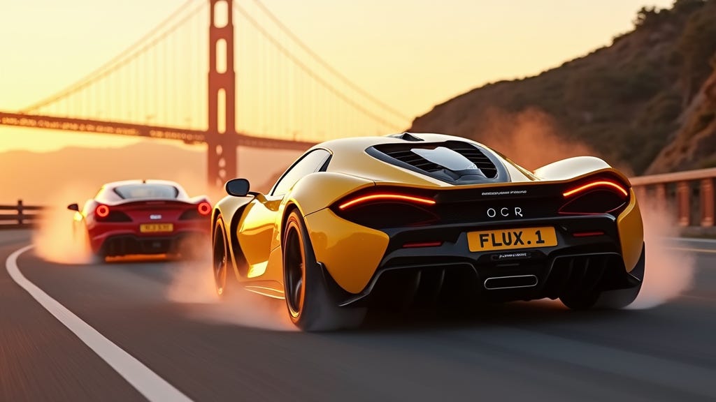 AI-generated image of two supercars racing near the Golden Gate Bridge. The car nearest to the camera has the numberplate FLUX.1. Image generated using FLUX.1