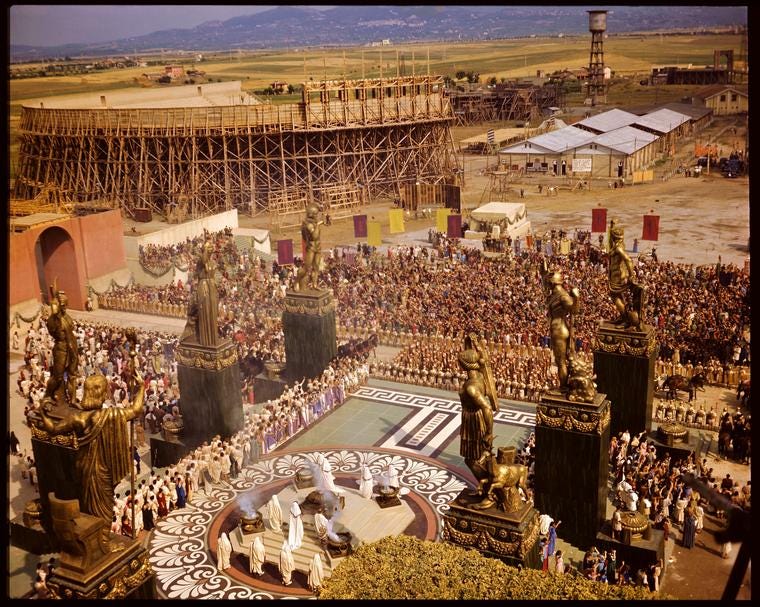 Aerial view of the production of 1951 epic Quo Vadis at the Cinecitta studio in Italy - a vast number of extras can be seen