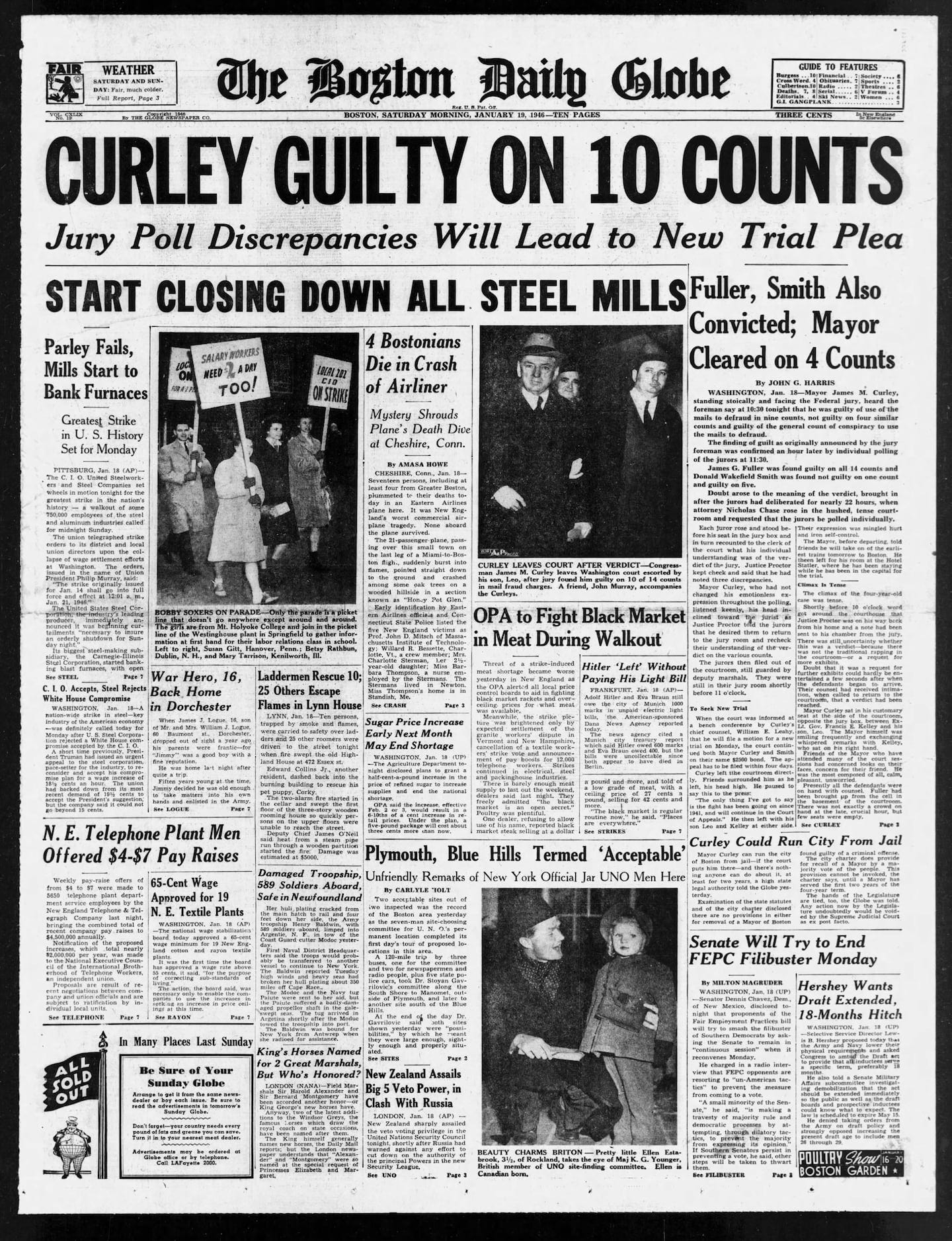 The Boston Daily Globe front page on January 19, 1946.