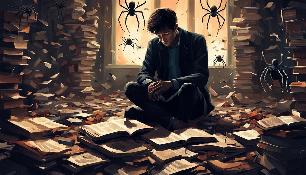 Man sitting contemplatively, in room with old books, reels and spiders