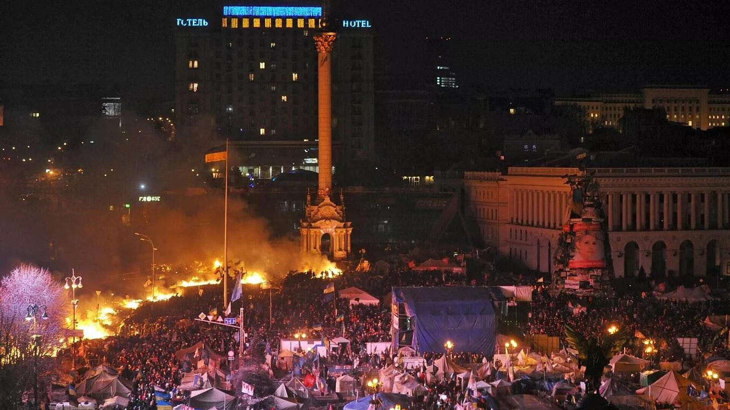 In the winter of 2014, violent clashes between protesters, including nationalists, and Ukrainian security forces broke out on Independence Square, known in Ukrainian as Maidan Nezalezhnosti, in Kiev. Photo: Tents of European integration supporters on Independence Square in Kiev, where clashes between the opposition and police broke out. 18 February 2014.
 - Sputnik International, 1920, 06.02.2025