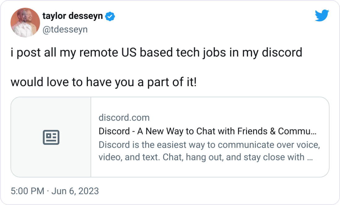 taylor desseyn @tdesseyn i post all my remote US based tech jobs in my discord  would love to have you a part of it!