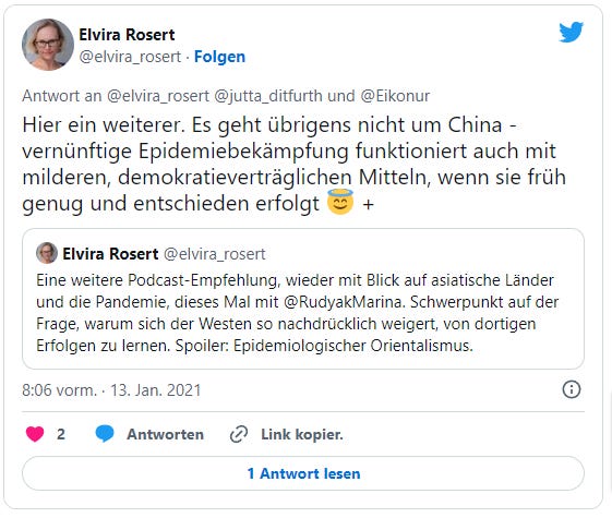 Elvira Rosert weist auf X auf einen älteren ihrer Tweets hin. Sie schreibt am 13. Januar 2021: "Hier ein weiterer. Es geht übrigens nicht um China - vernünftige Epidemiebekämpfung funktioniert auch mit milderen, demokratieverträglichen Mitteln, wenn sie früh genug und entschieden erfolgt 😇 +"
