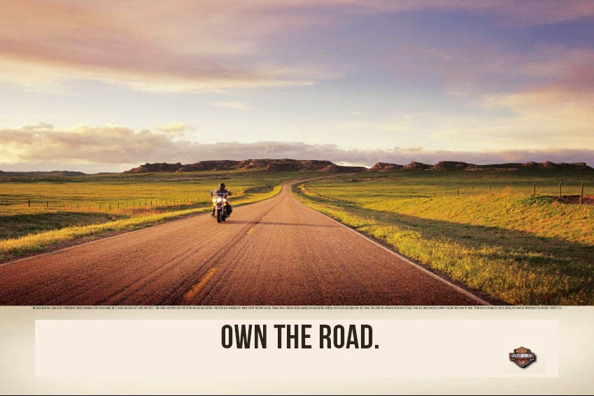 Mockup of Harley-Davidson print ad with headline ‘Own the road.’