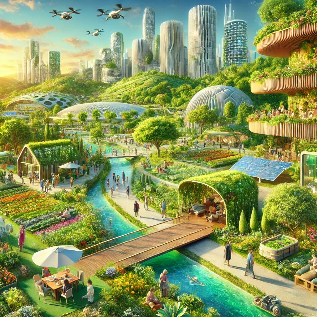 A vibrant, utopian future where people are thriving in harmony with nature. The environment is lush and green with clean rivers, clear skies, and abundant plant life. People are engaging in peaceful activities like farming, relaxing in gardens, and walking through eco-friendly cities that seamlessly blend with nature. There are modern buildings made of natural materials, with green roofs and walls covered in vegetation. Subtle signs of advanced AI technology can be seen, such as drones delivering goods, autonomous electric vehicles, and smart solar panels. Everything is powered by clean energy, and the tech is integrated into the background, allowing people to focus on wellness and community.