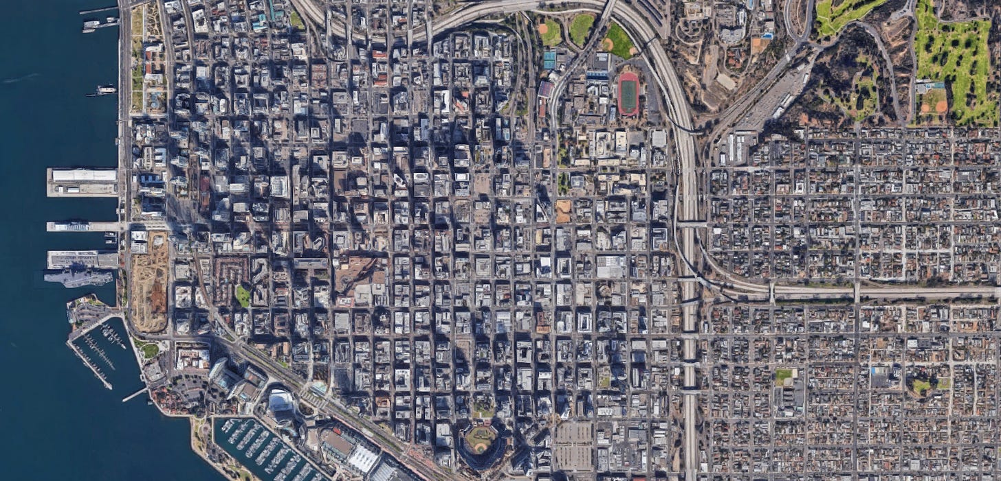 Aerial view of Petco Park and surrounding area