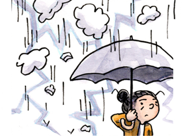illustration of a girl holding an umbrella, while pieces of cloud are falling from the sky, by Connie Sun, cartoonconnie, 2025