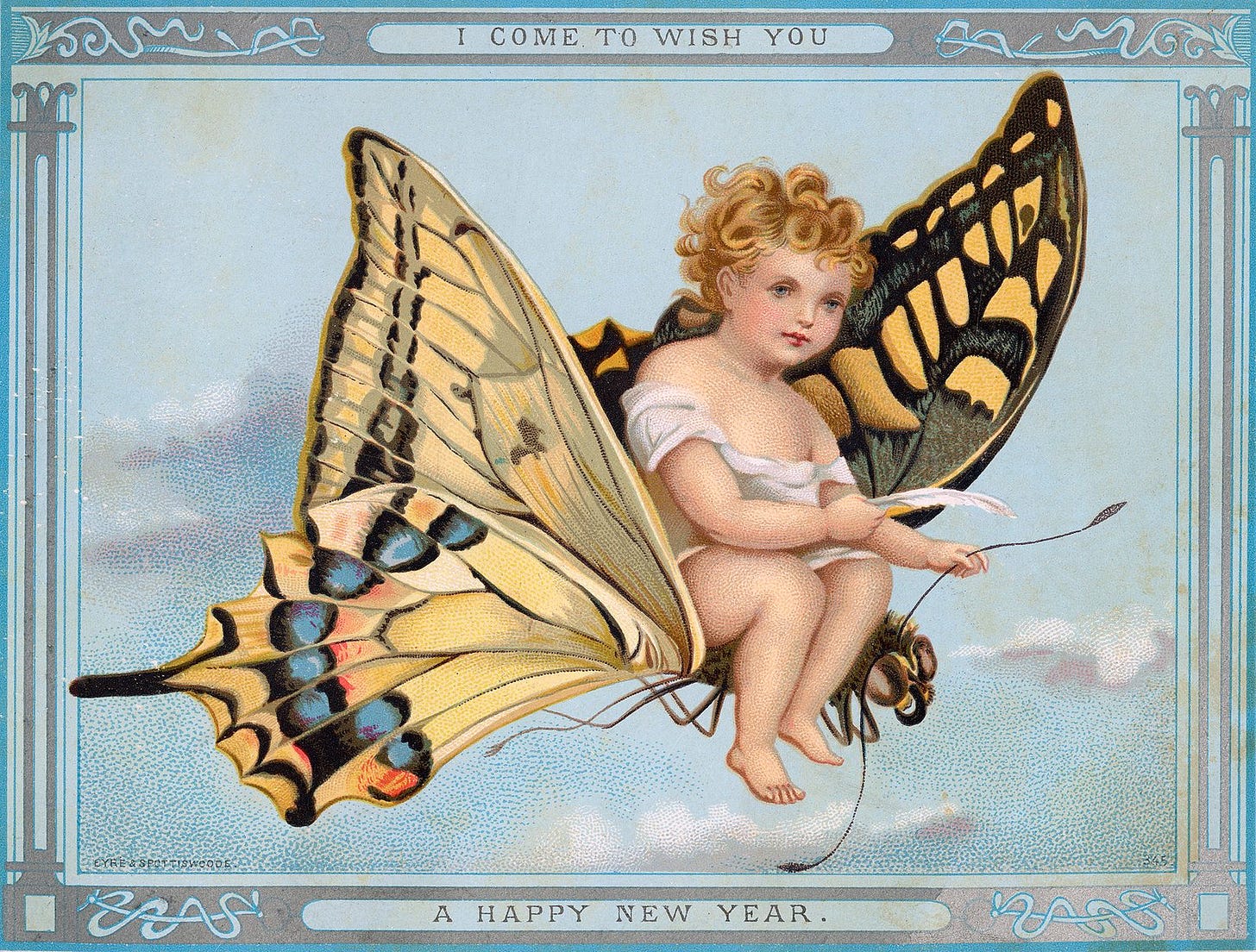 A chrubic child rides a butterfly. The caption reads I come to wish you a happy new year. Vintage card.