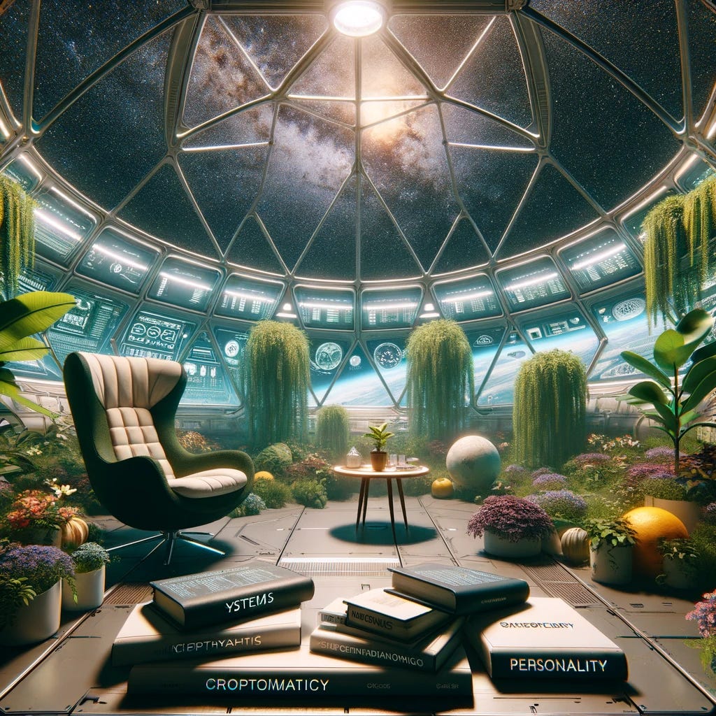 A futuristic scene inside a dome on a spaceship. The interior resembles a lush garden with various plants and flowers. In the center, there's a comfortable chair with a small table beside it. On the table, there are several books about systems, cryptography, mathematics, programming, personality, and science fiction, opened to various pages. The dome overhead reveals the starry expanse of outer space, creating a tranquil yet awe-inspiring atmosphere. The lighting is soft and natural, enhancing the serene ambiance of the garden.