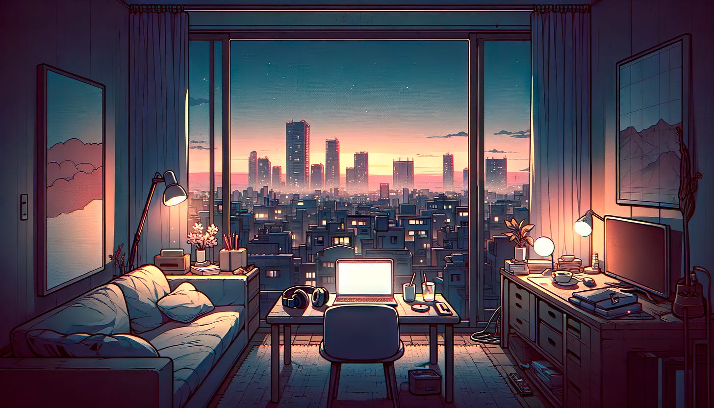 Anime Lofi Room with Cityscape View HD Wallpaper