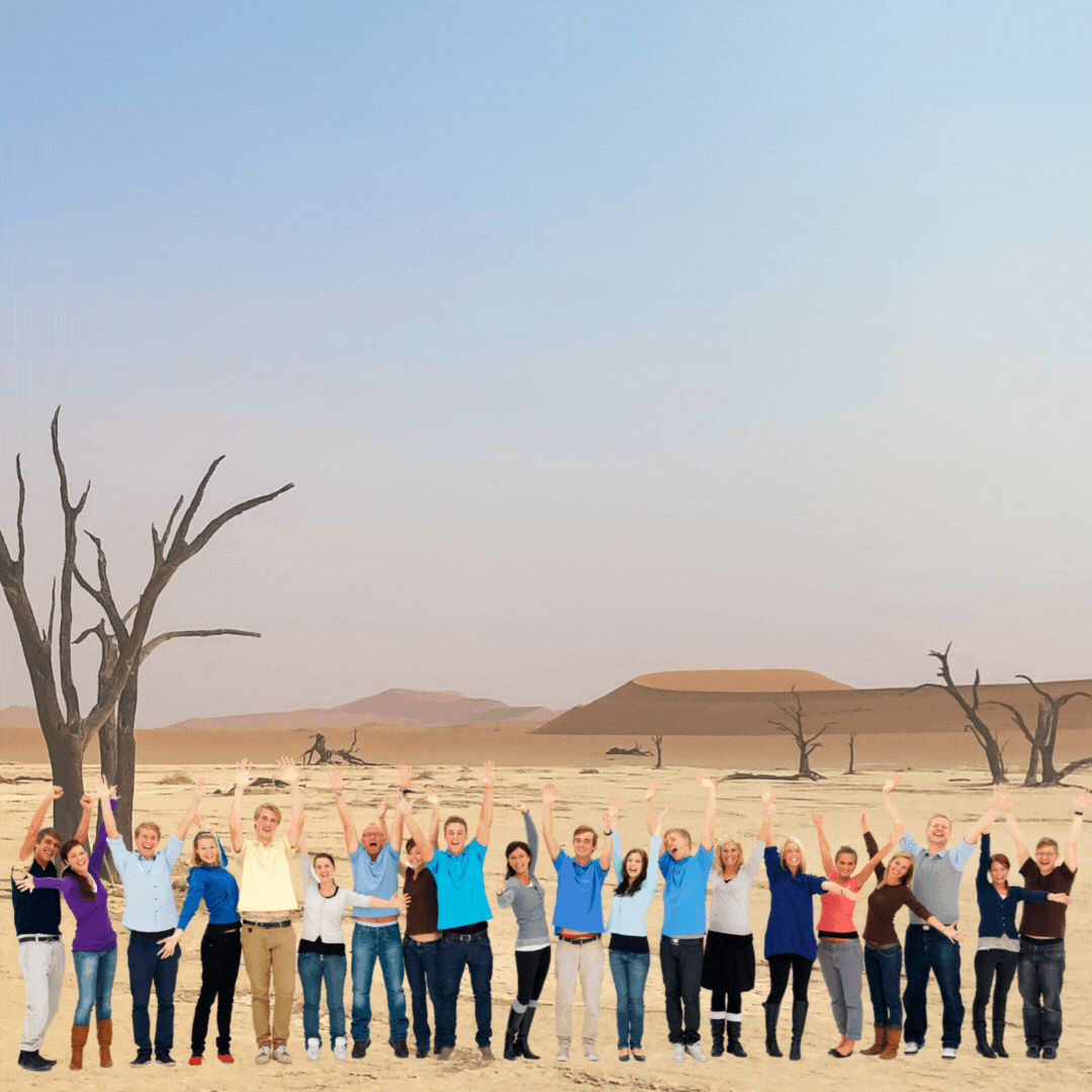 Image / gif of a desert -- a sandy barren landscape with sand dunes in the distance and barren trees in the foreground. A line of people are standing in the foreground, all are raising their hands, in celebration, or to get our attention. Behind them, there is a spinning golden starbloom, also trying to get our attention.