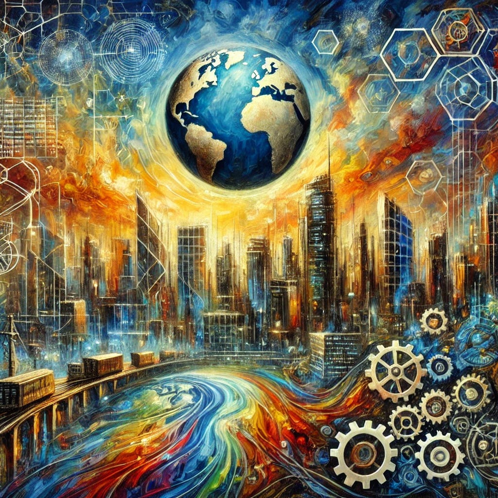 A symbolic oil painting representing global financial and technological control systems, with rich, bold colors and expressive brushstrokes. Depict a sprawling, interconnected cityscape blending financial skyscrapers, digital infrastructure, and technological nodes, symbolizing control mechanisms. Include a subtle globe in the background with shadowy networks flowing across continents, emphasizing Africa as a focal point. Add gears, digital grids, and satellite imagery merging with the landscape, representing global monitoring and resource extraction. The composition is complex and layered, with vibrant highlights and darker undertones, evoking themes of power and coordination without human figures.