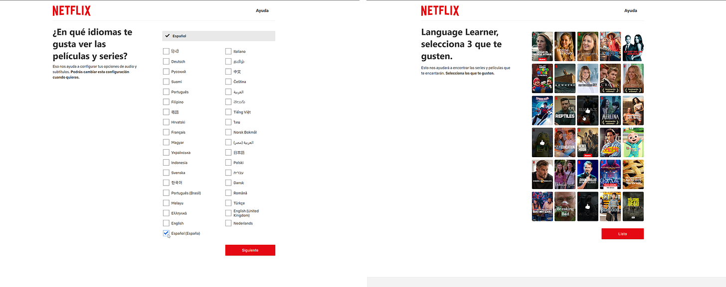 A 2-image collage, horizontal, showing the initial screens a new profile sees upon opening the profile. The left image is the page asking (in Spanish) what languages the viewer wants to see movies and series. The right image is a grid of movie and series thumbnails, with directions for the profile to select 3 of the shows to initialize the Netflix algorithm for the profile.
