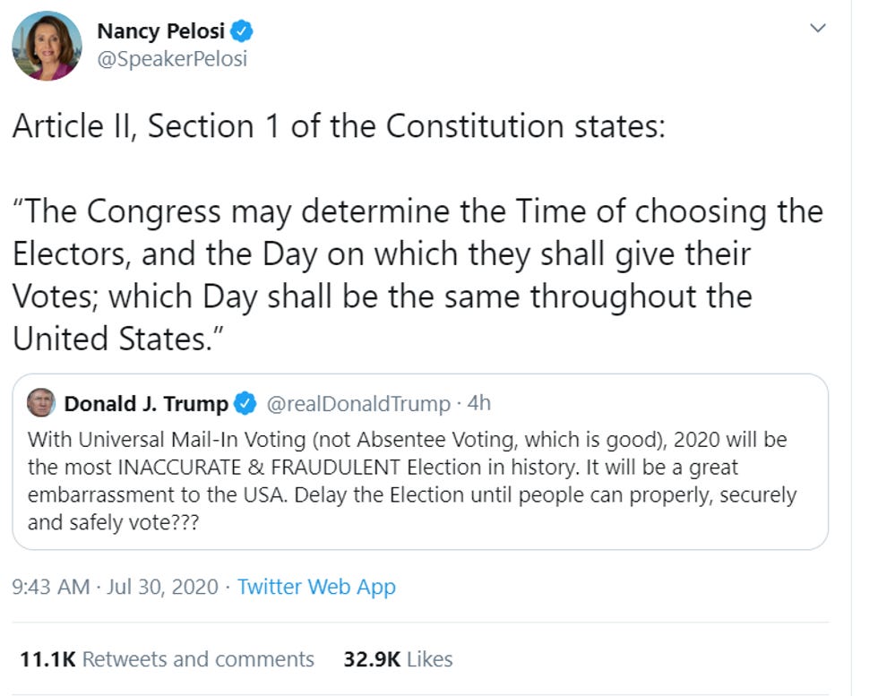 Pelosi tweet: "Article II, Section 1 of the Constitution states: 'The Congress may determine the Time of choosing the Electors, and the Day on which they shall give their Votes; which Day shall be the same throughout the United States.'"