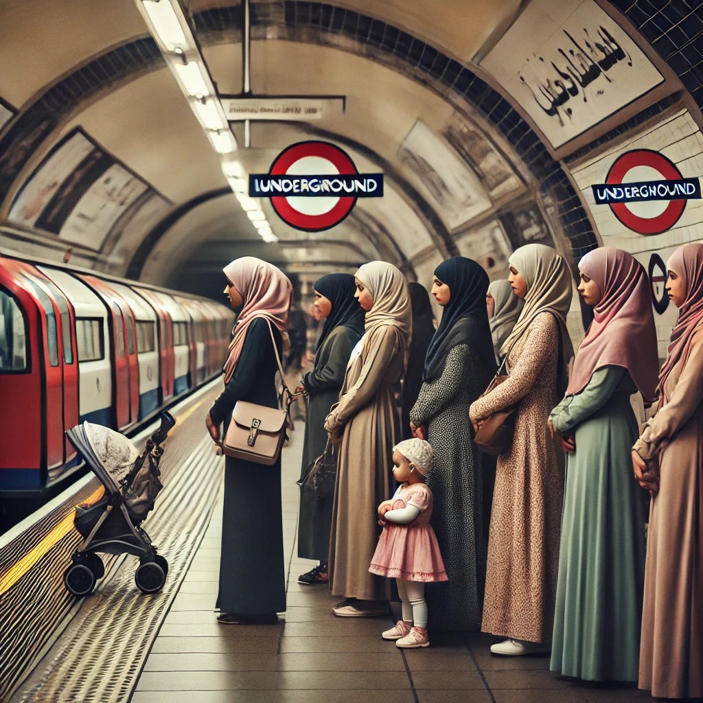 A scene of Muslim women wearing headscarves, standing on a London Underground platform. They are carrying babies, waiting for the train to arrive. The women wear a variety of modest clothing in different colors, while their headscarves are traditional and elegant. The platform is typical of the London Underground, with tiled walls and a clear sign showing the station name in the iconic roundel logo. The mood is peaceful, with people standing calmly, surrounded by the busy yet organized environment of the city’s subway system.