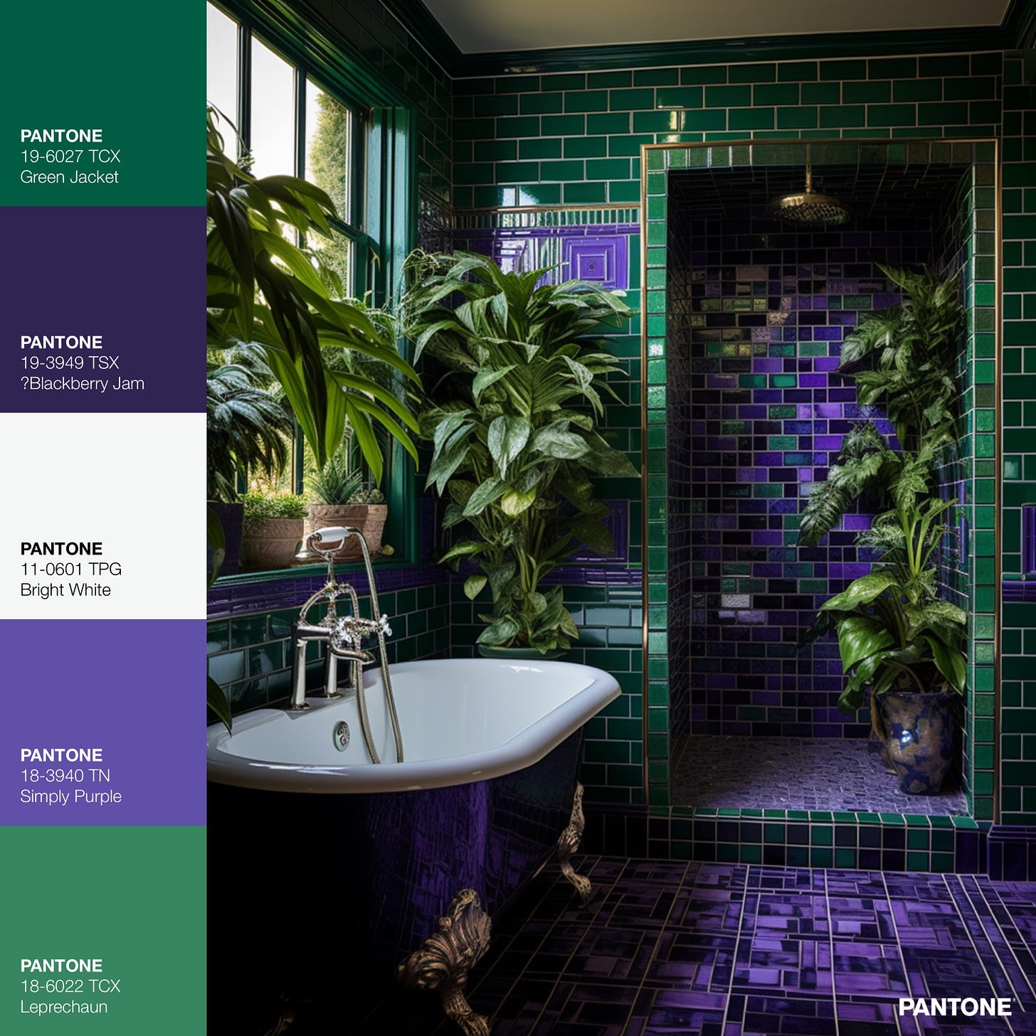 interior design of a green and purple small bathroom with bathtub