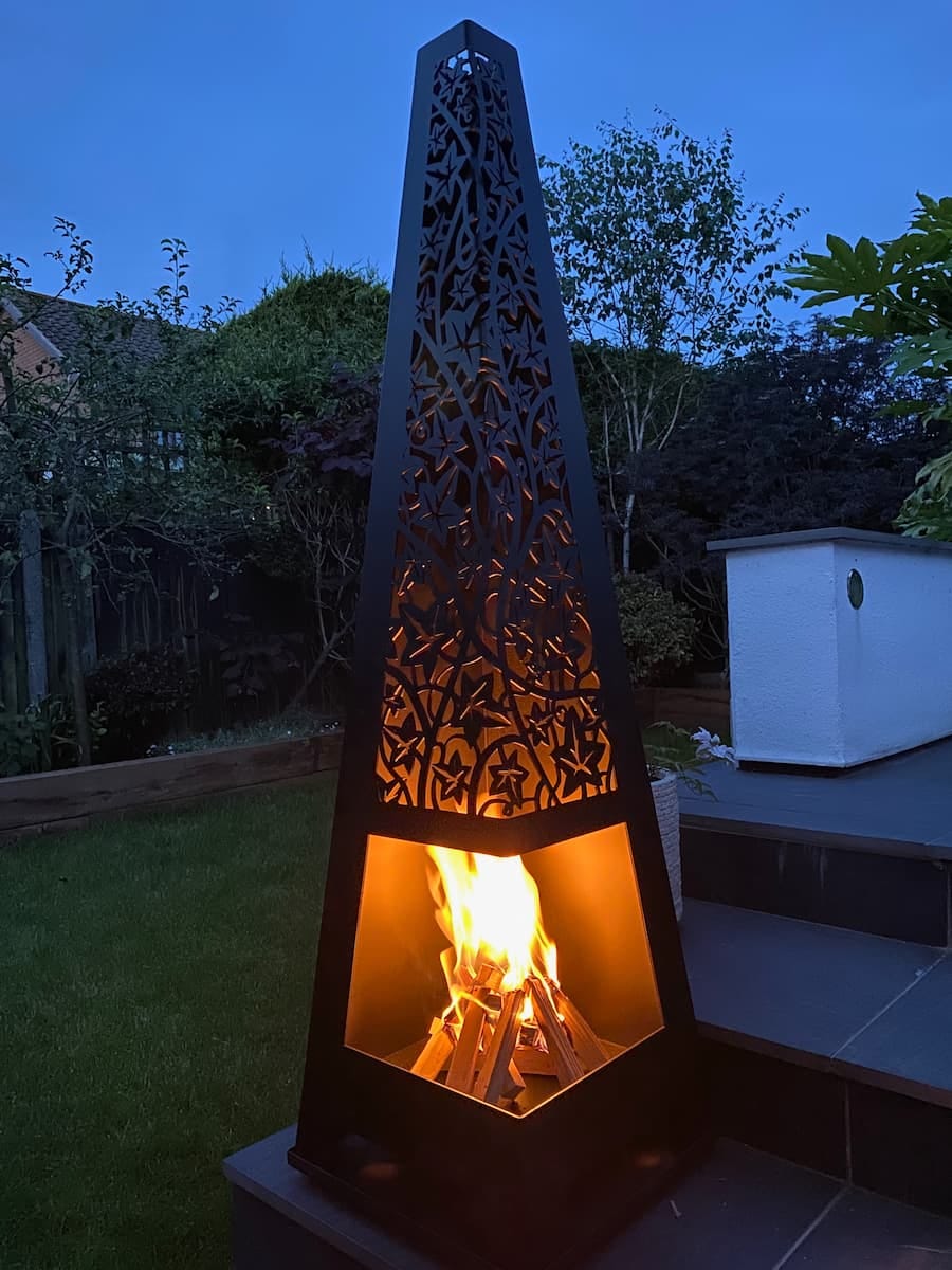 garden chiminea at dusk