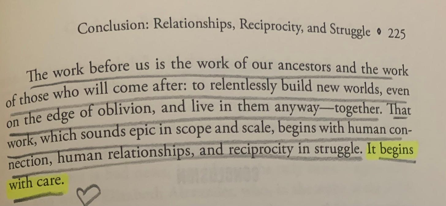 A highlighted passage in a book discussing building new worlds with care, emphasizing human connection and reciprocity. A highlighted passage in a book discussing building new worlds with care, emphasizing human connection and reciprocity.