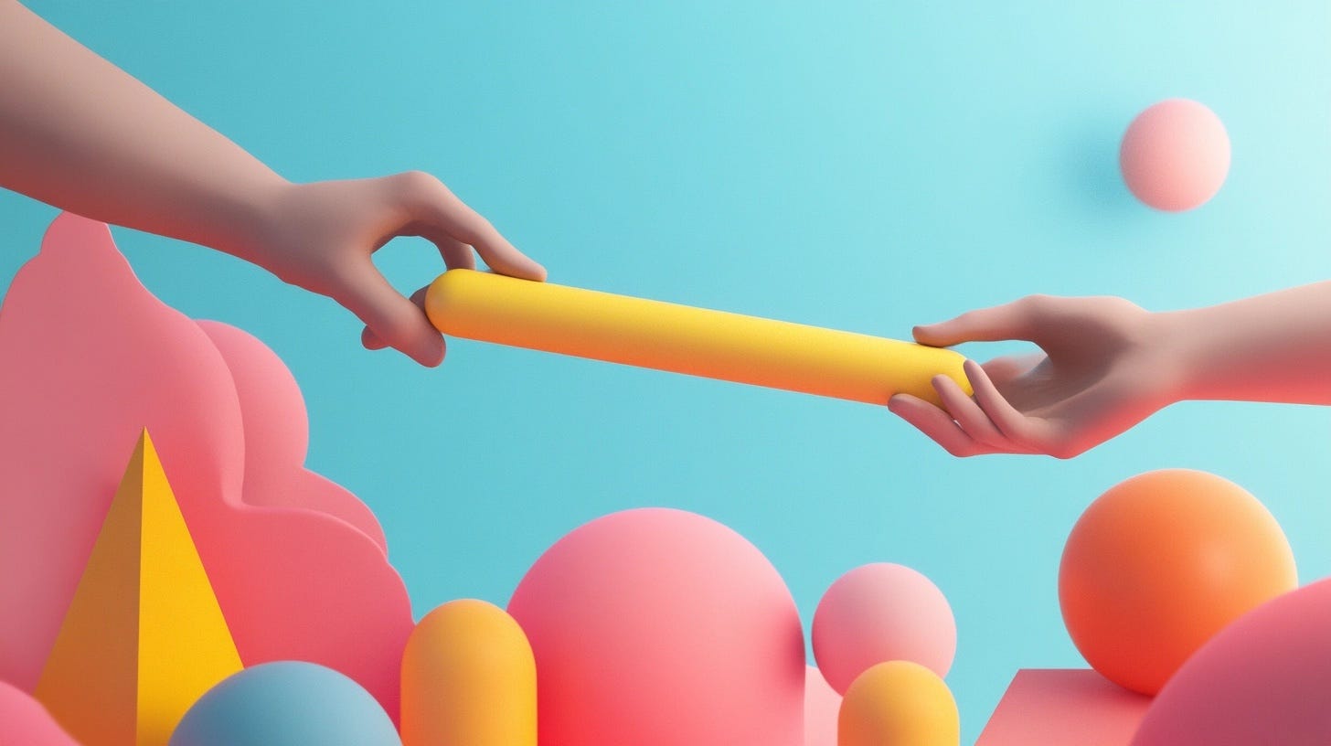 Two hands reaching toward each other, holding a yellow baton against a backdrop of colorful, abstract shapes including spheres and pyramids, set against a gradient blue background.
