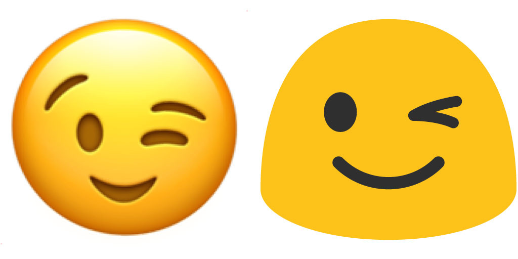 Emoji de cara guiñando un ojo, izquierda iOS y derecha Android