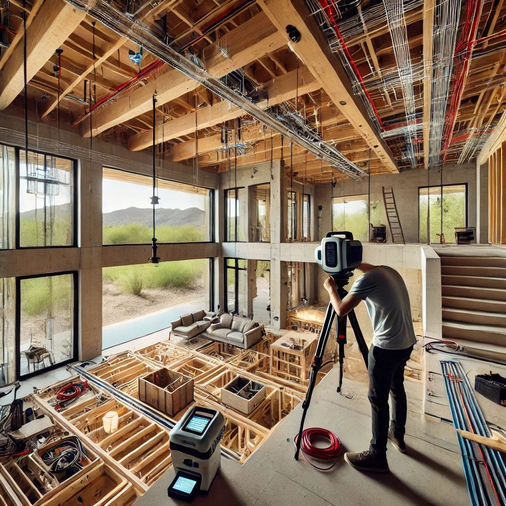 An interior view of an uncompleted modern mansion located in the Arizona foothills during the 'pre-drywall complete' stage. The image shows a person performing a LiDAR scan of the space. The mansion's interior reveals exposed framing, including wooden and steel framing, electrical wiring, plumbing pipes, gas lines, and smart home wiring. The person is holding a LiDAR scanning device, capturing detailed measurements of the space. The setting is modern and spacious, with large, unfinished windows that offer a glimpse of the Arizona desert landscape outside. An interior view of an uncompleted modern mansion located in the Arizona foothills during the 'pre-drywall complete' stage. The image shows a person performing a LiDAR scan of the space. The mansion's interior reveals exposed framing, including wooden and steel framing, electrical wiring, plumbing pipes, gas lines, and smart home wiring. The person is holding a LiDAR scanning device, capturing detailed measurements of the space. The setting is modern and spacious, with large, unfinished windows that offer a glimpse of the Arizona desert landscape outside.