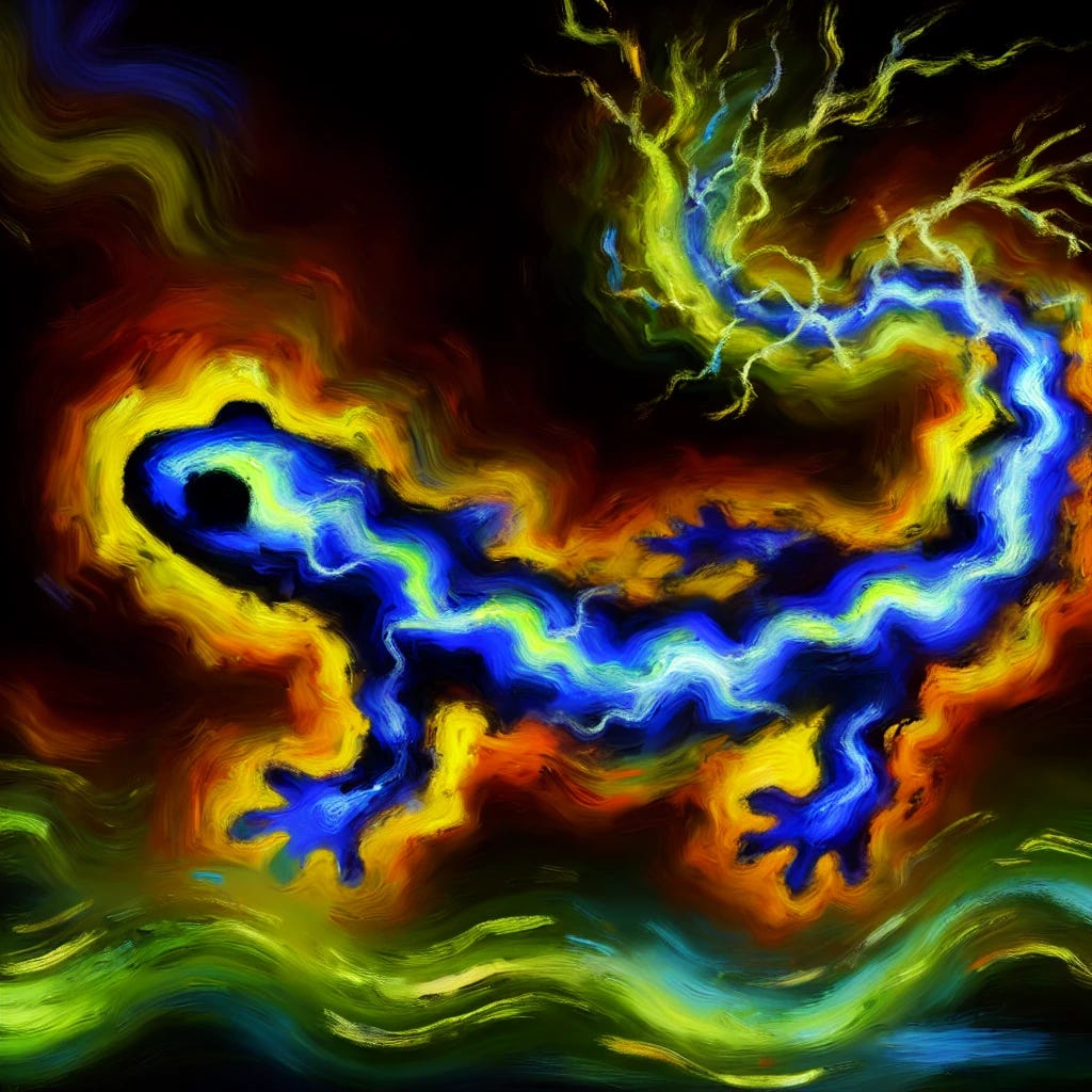 A vibrant and dynamic oil painting style image inspired by the concept of bioelectricity, nature, and the regenerative abilities of salamanders. The scene features glowing, swirling currents of energy flowing through an abstract representation of a salamander, symbolizing its connection to Earth's natural rhythms and its remarkable capacity for regeneration. The salamander is depicted with glowing patterns, intertwined with electric currents and organic shapes. The bold, rich colors include deep blues, greens, and golden hues, representing life force, vitality, and the unseen bioelectric energy that governs regeneration. The strokes are expressive and full of movement.