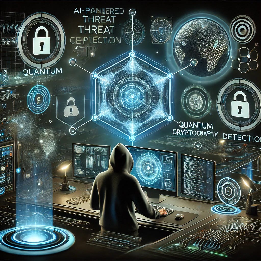 A sleek, futuristic illustration of cybersecurity technologies in 2025, featuring interconnected glowing networks, AI-powered threat detection, quantum cryptography symbols, and a hacker in a hoodie overseeing a digital control room. The environment has a high-tech, cyberpunk aesthetic with dark tones and neon blue and green highlights. The focus is on cutting-edge innovation and digital defense, showcasing a blend of complexity and accessibility.