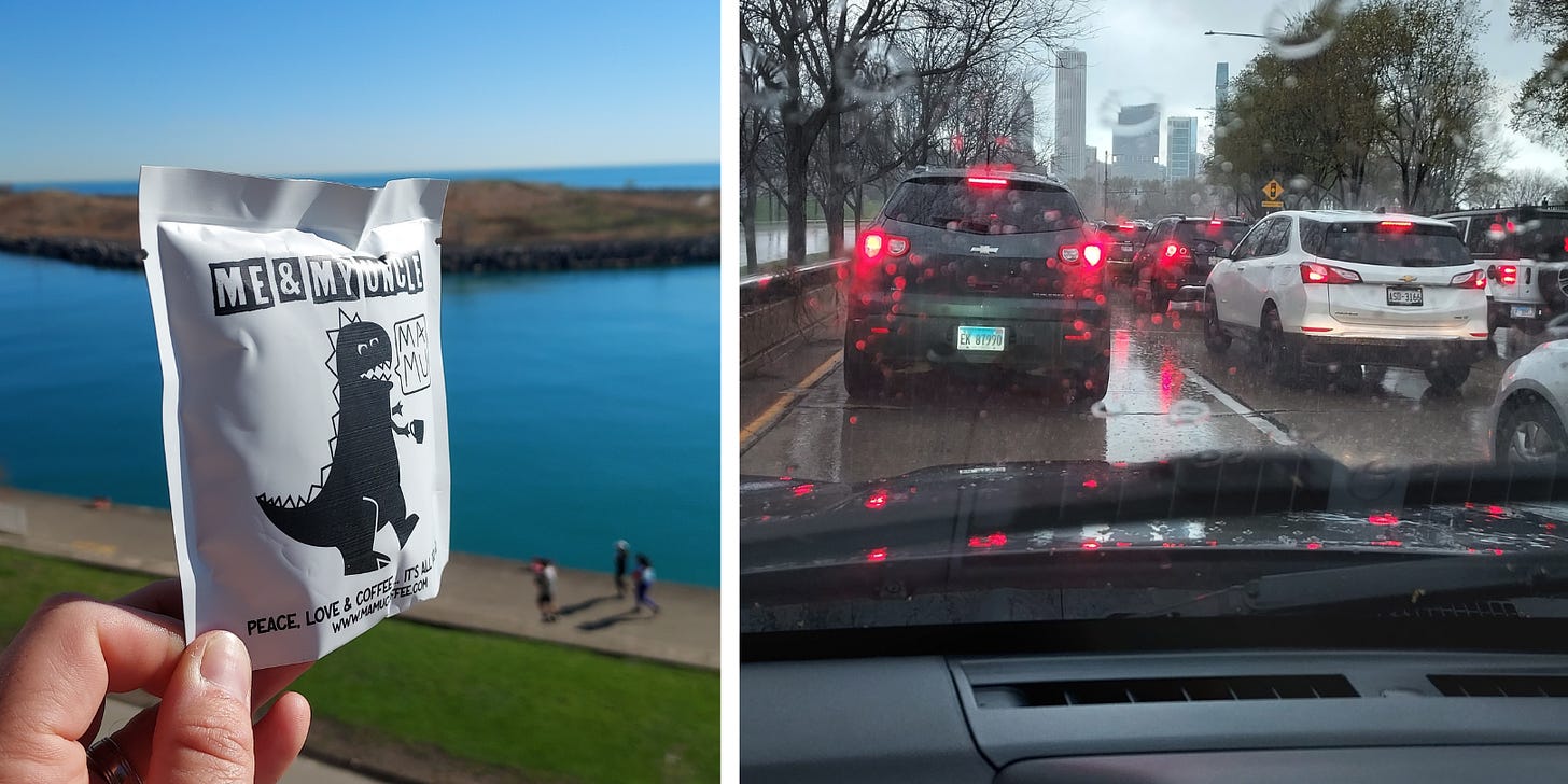 L: A hand holds a white coffee sample pack with a dinosaur on it up in front of a blurred blue lake. Down below people walk on a pedestrian path. R: A photo through the windshield covered in rain drops of brake lights on other cars. The Chicago skyline downtown is in the background.