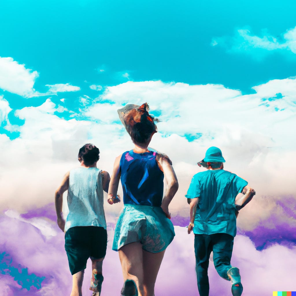 “rear portrait of one man and two women running on top of clouds, vaporwave / DALL-E”