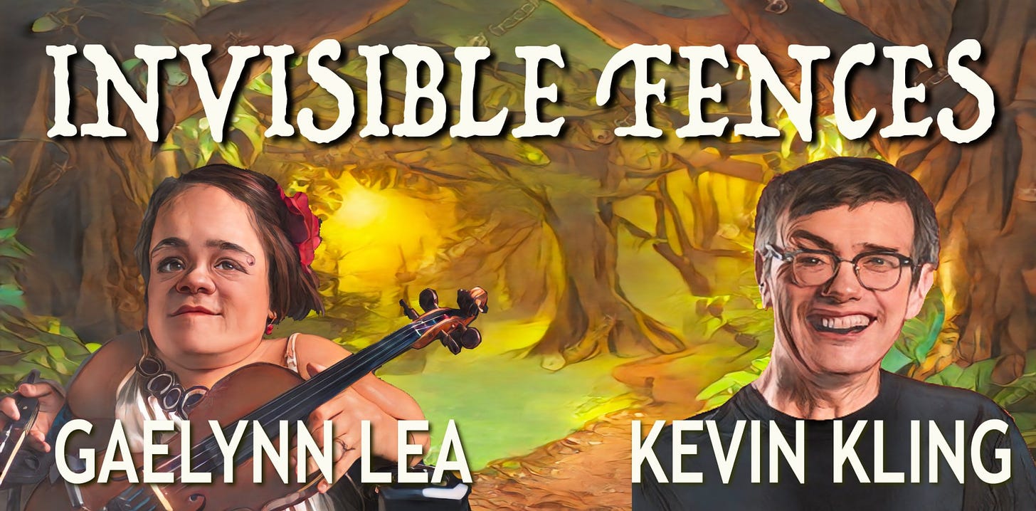 Fairy tale-like illustrations of a forest with disabled artists Gaelynn Lea and Kevin Kling. Invisible Fences.