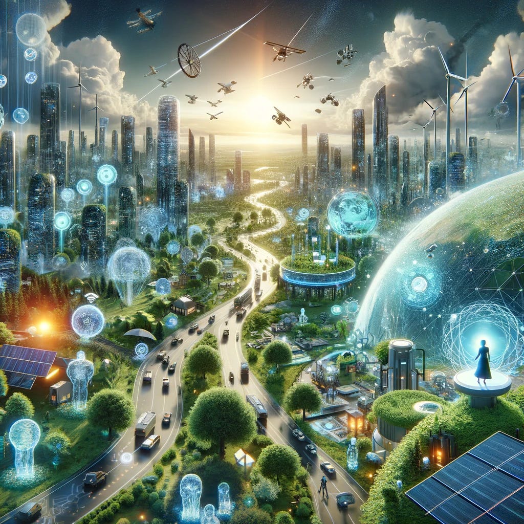A visionary image showcasing the power of AI in creating a better world, set within a metaverse environment. The scene depicts a futuristic, sustainable world enabled by AI technologies. It includes green energy solutions like solar panels and wind turbines, smart urban infrastructure, and AI-driven transportation systems. The metaverse landscape is a blend of lush greenery and advanced, eco-friendly architecture, symbolizing the integration of technology and nature. Avatars in the scene are interacting harmoniously with this environment, highlighting how AI contributes to a sustainable, efficient, and improved quality of life.