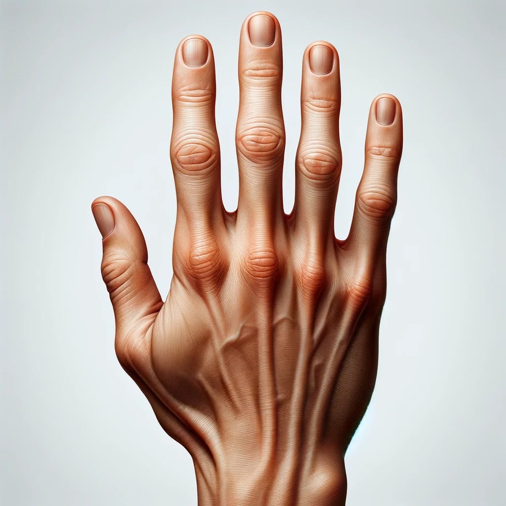 A realistic left hand viewed from above, with five fingers straight and joints visible. The skin, nails, and anatomical details are focused on to highlight the natural structure and positioning of a human hand in a neutral stance.