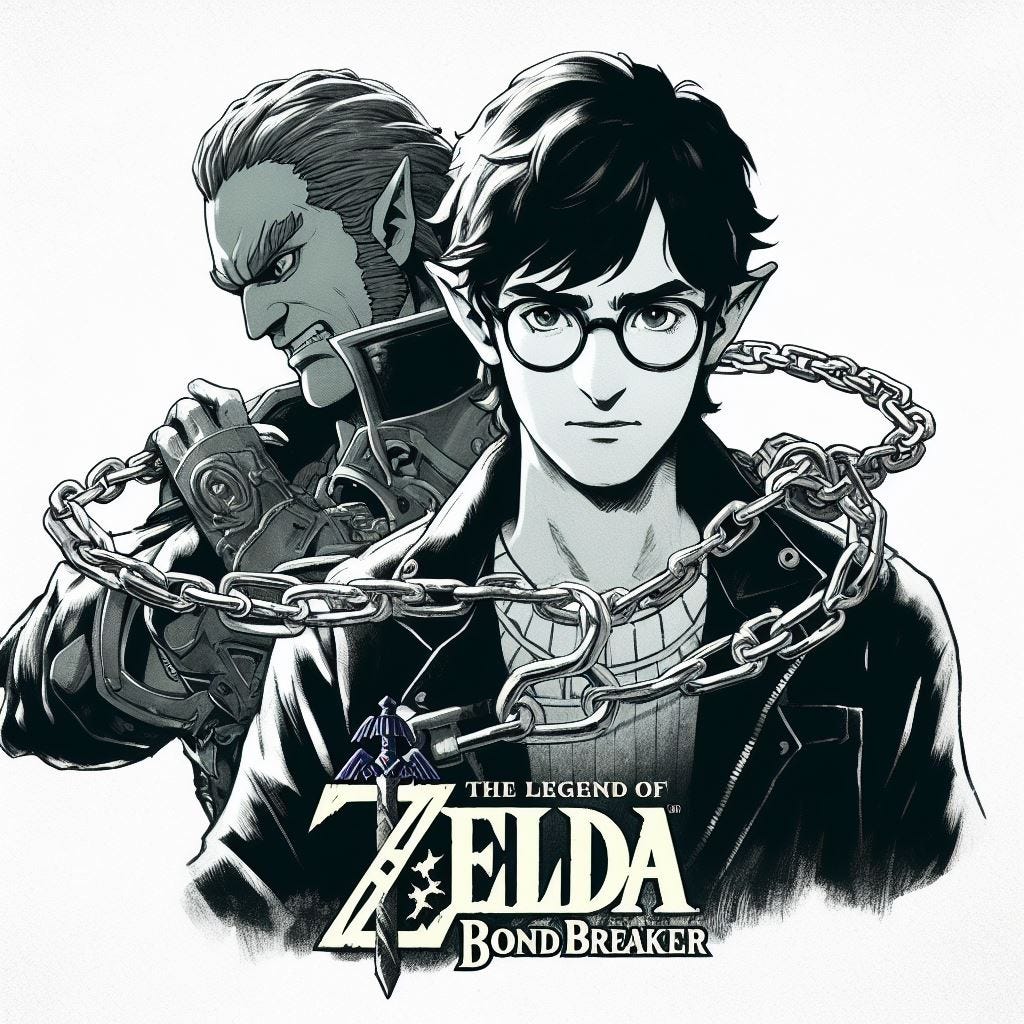 Legend of Zelda key art, with a title saying "BOND BREAKER". Two figures are linked together by a chain. Ganondorf has a chain linking him to a second party in the back of the shot, wrapped around them both. The second figure is a young italian man with dark hair wearing rectangular glasses and a dark grey jacket.