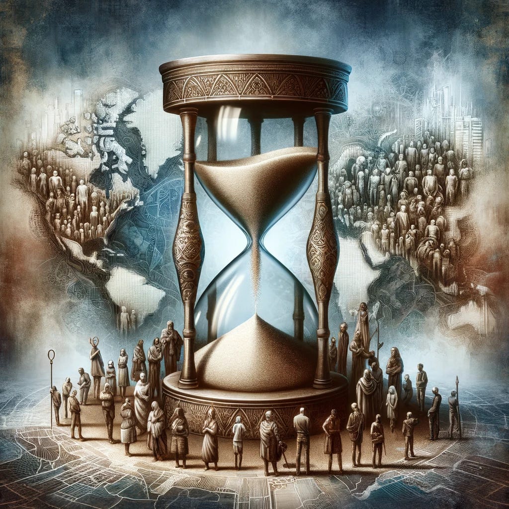 An artistic representation of the concept of time in relation to the global population. The image should feature a large, ornate hourglass with sands pouring down, each grain representing a person. Around the hourglass, a diverse group of people from different ethnicities are depicted, symbolizing the global population. The background should be a map of the world, subtly integrated to emphasize the universal impact of time on humanity. The overall mood should be thought-provoking and introspective.