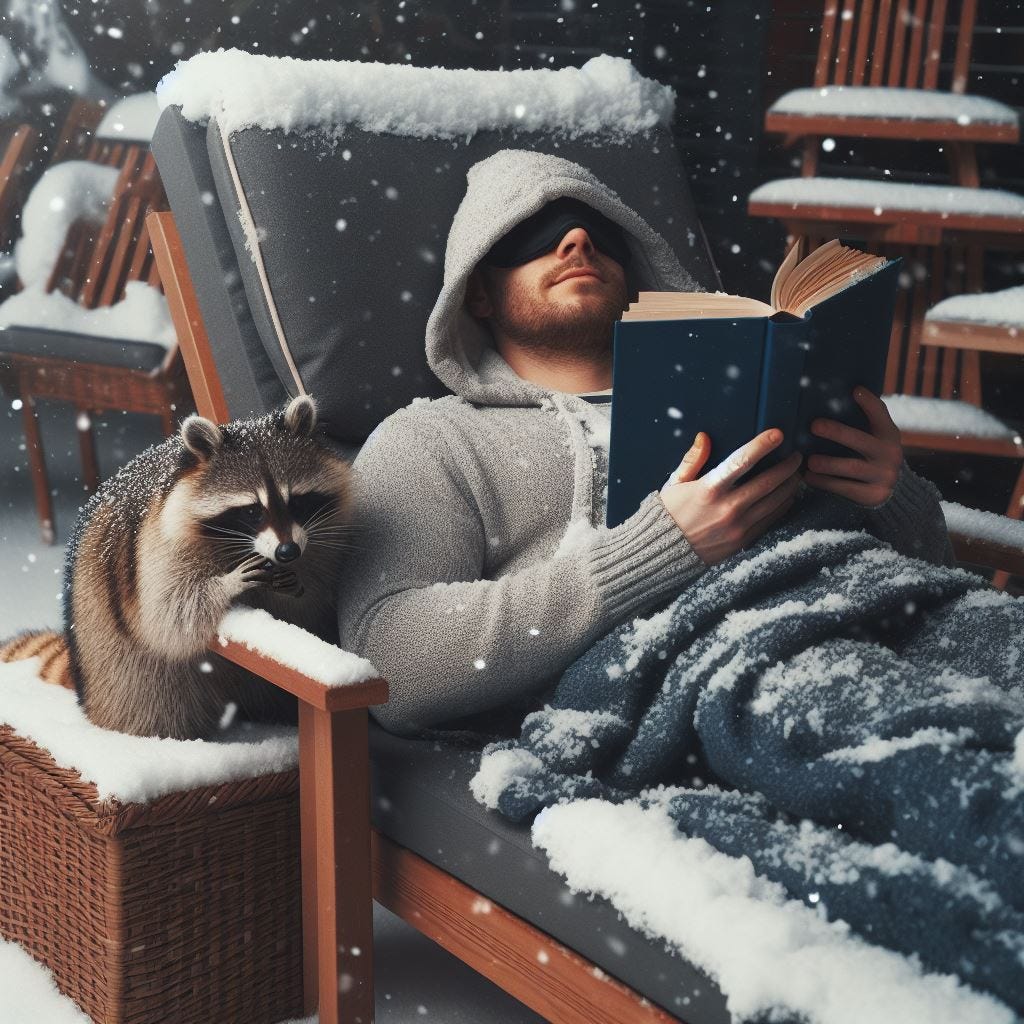 A person with a book napping on a lounge chair while snow starts to fall. A curious racoon is nearby. Image generated with Bing Image Creator.