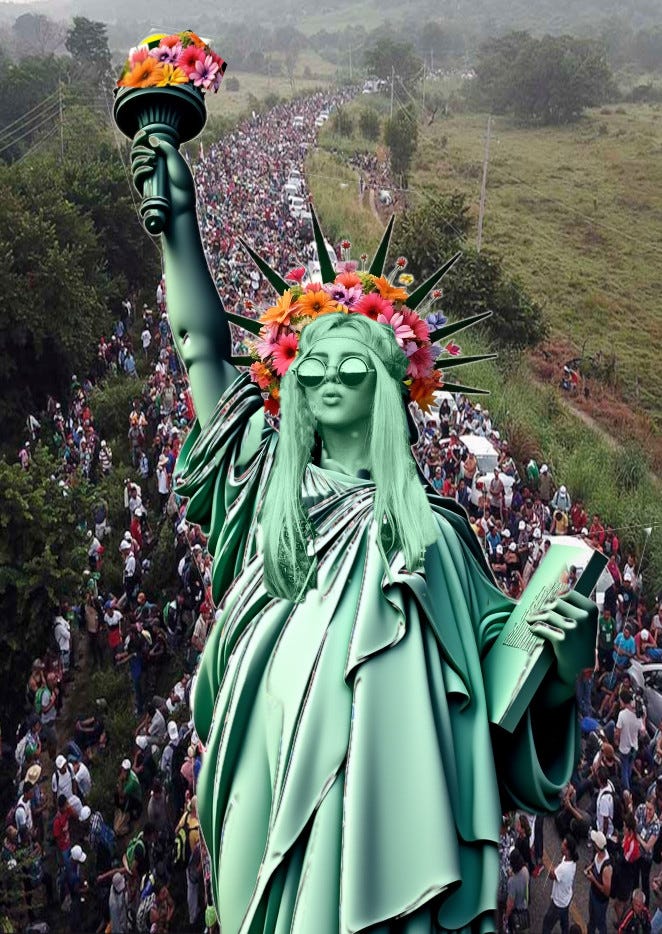 Hippie chick statue of liberty with approaching caravan in the background.