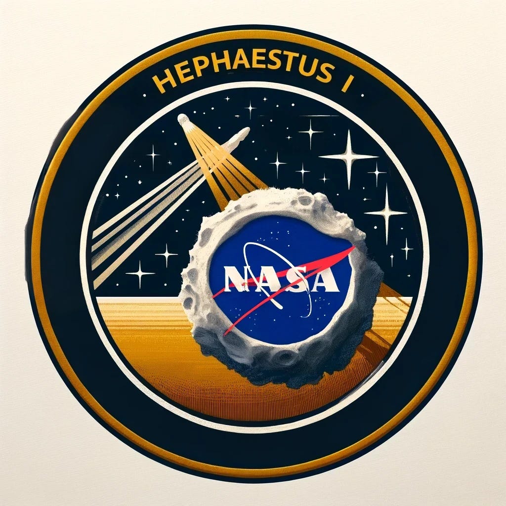 Modify the Hephaestus I mission patch design by adding the name 'Romero' on the outside of the patch, while retaining the placement of the NASA logo over the representation of comet Wilson-Harrington. The central focus remains on the mission name 'Hephaestus I', prominently featured and spelled correctly. The design continues to encapsulate the spirit of pioneering space exploration, emphasizing in-situ resource utilization (ISRU) and the initiation of a permanent human presence in outer space. The aesthetic is clean and minimal, with the simplified comet illustration overlaid by the NASA logo and the mission name 'Hephaestus I' clearly visible, all framed by a simple black border. The addition of 'Romero' to the outer part of the patch aims to maintain clarity and simplicity, further conveying the mission's forward-looking aspirations and humanity's expansion into the cosmos.