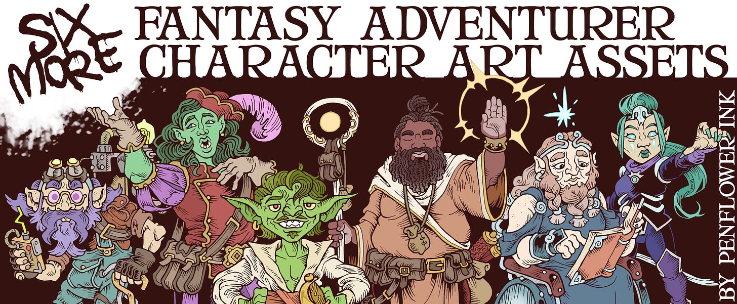 Banner image for the asset pack: a composite image featuring the six adventurer characters in a row. Text above reads: six more fantasy adventurer character art assets, by Penflower Ink.