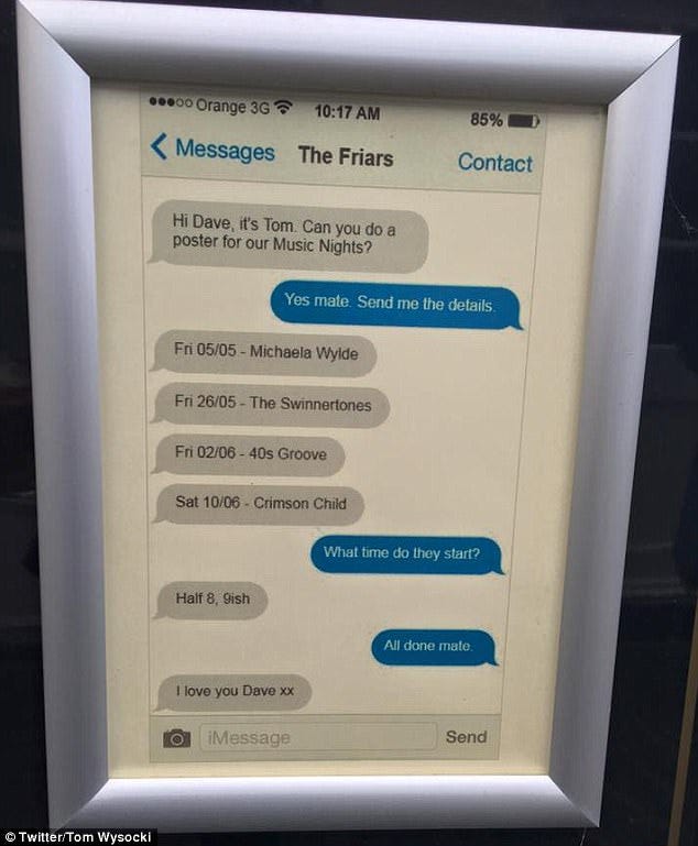 Designer turns iMessage conversation into pub advert | Daily Mail Online