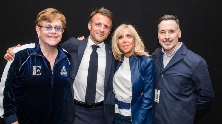 Emmanuel Macron, Brigitte Macron, Elton John, David Furnish
