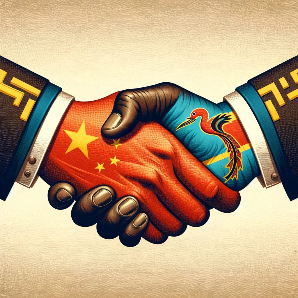 An illustrative representation of a handshake between China and the Democratic Republic of Congo. The image should depict two hands shaking, one representing China and the other representing the Congo. The Chinese hand could be adorned with symbols like the Chinese flag or cultural motifs, while the Congolese hand could feature elements of the Congolese flag or African patterns. The background should be neutral, focusing the viewer's attention on the handshake, symbolizing cooperation and partnership between the two nations. The style should be respectful and dignified.