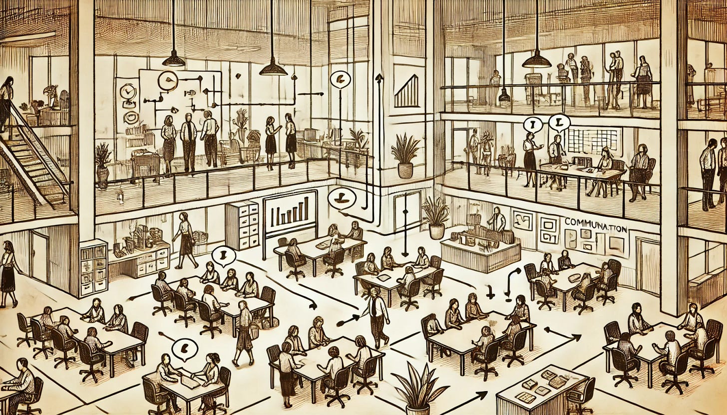 A wide, vintage, hand-drawn illustration of a company with clear lines of communication in its culture, with no words or text in the background. The scene shows a collaborative office environment with simple, lively figures working together. Clear, flowing lines and arrows illustrate communication paths between team members in open workspaces, meeting rooms, and casual discussion areas. The office has plants, large windows, and natural light. Instead of text, include small charts, graphs, and additional people engaged in conversations. The style is whimsical, storybook-like, with linework shading and earthy tones.