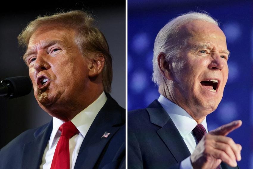 Left: Republican presidential candidate and former President Donald Trump speaks as he holds a campaign rally in Conway, South Carolina on Feb. 10, 2024. Right: President Joe Biden holds a campaign rally ahead of the state's Democratic presidential primary, in Las Vegas, Nevada on Feb. 4, 2024.