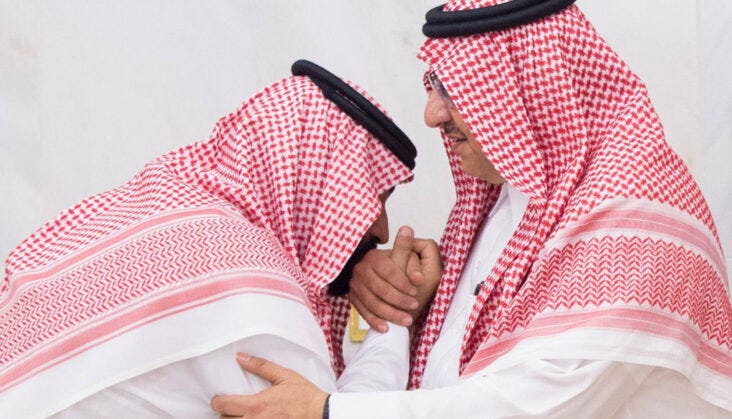 Mideast Saudi Arrest © Mohammed bin Salman, (MBS) then newly appointed as crown prince, left, kisses the hand of Prince Mohammed bin Nayef at a royal palace in Mecca, Saudi Arabia June 2017. (Al-Ekhbariya via AP, File)