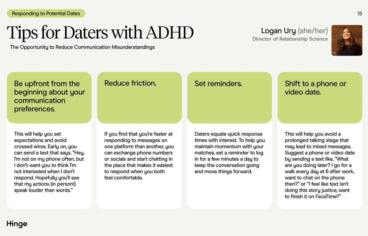 An extract from Hinge’s Love and ADHD D.A.T.E Report listing tips for daters with ADHD: Being upfront, reduce friction and setting reminders