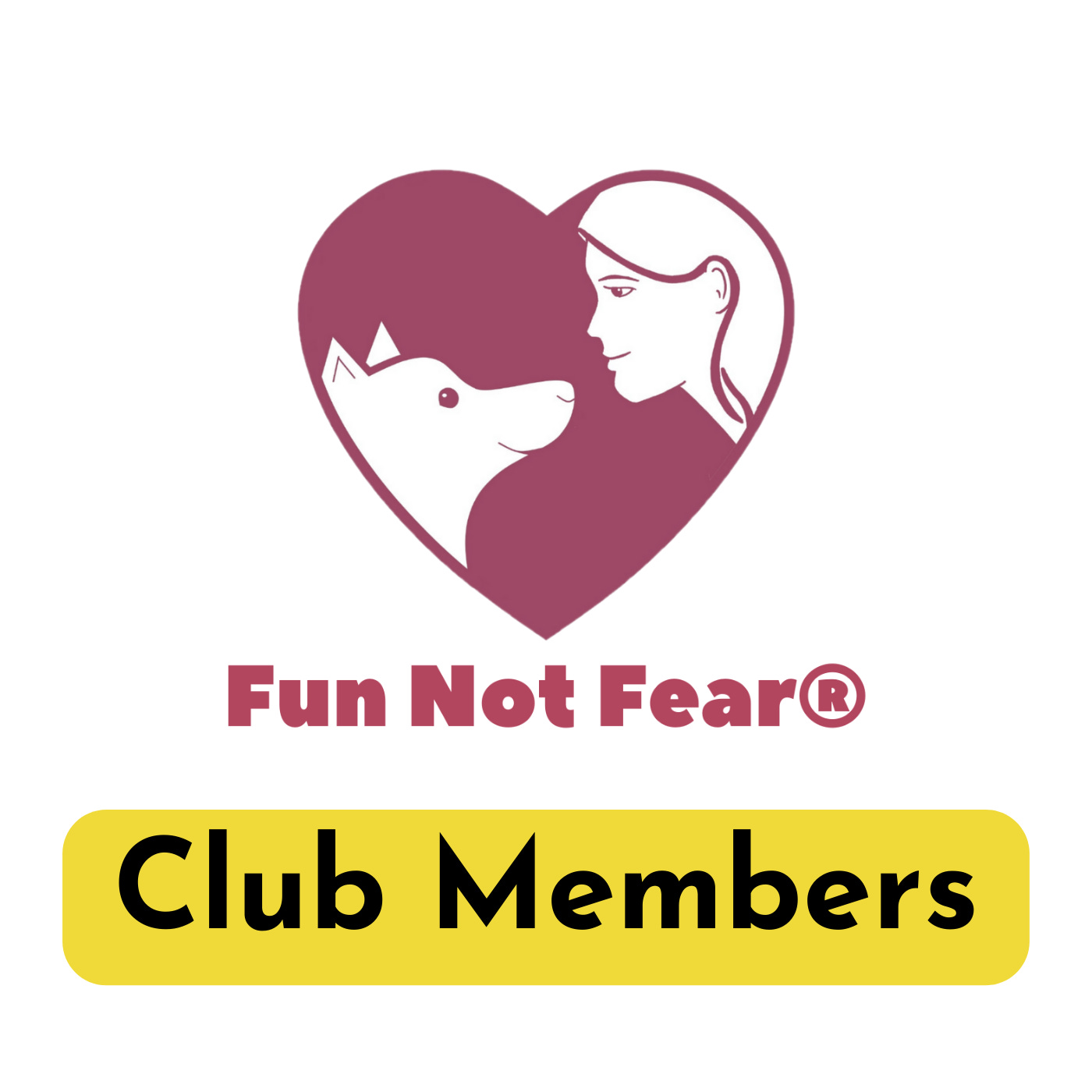 The Fun Not Fear® Club Logo - for anxious dog owners. A pink heart with a person and a dog, complete with black and pink lettering.