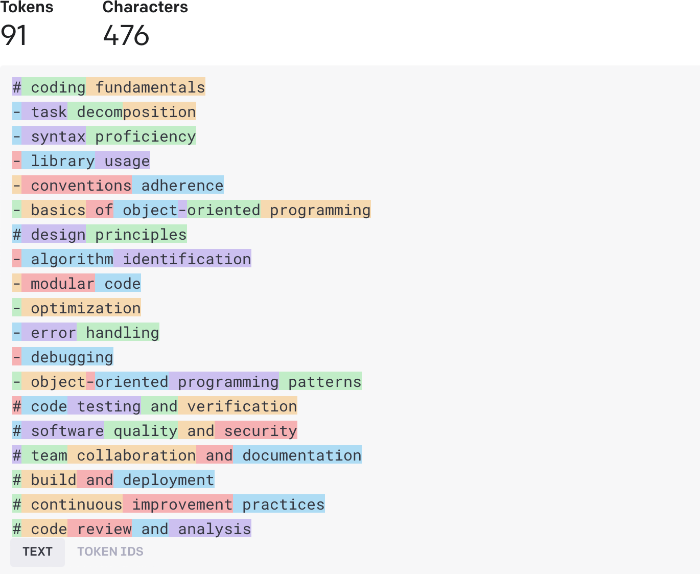 # coding fundamentals - task decomposition - syntax proficiency - library usage - conventions adherence - basics of object-oriented programming # design principles - algorithm identification - modular code - optimization - error handling - debugging - object-oriented programming patterns # code testing and verification # software quality and security # team collaboration and documentation # build and deployment # continuous improvement practices # code review and analysis