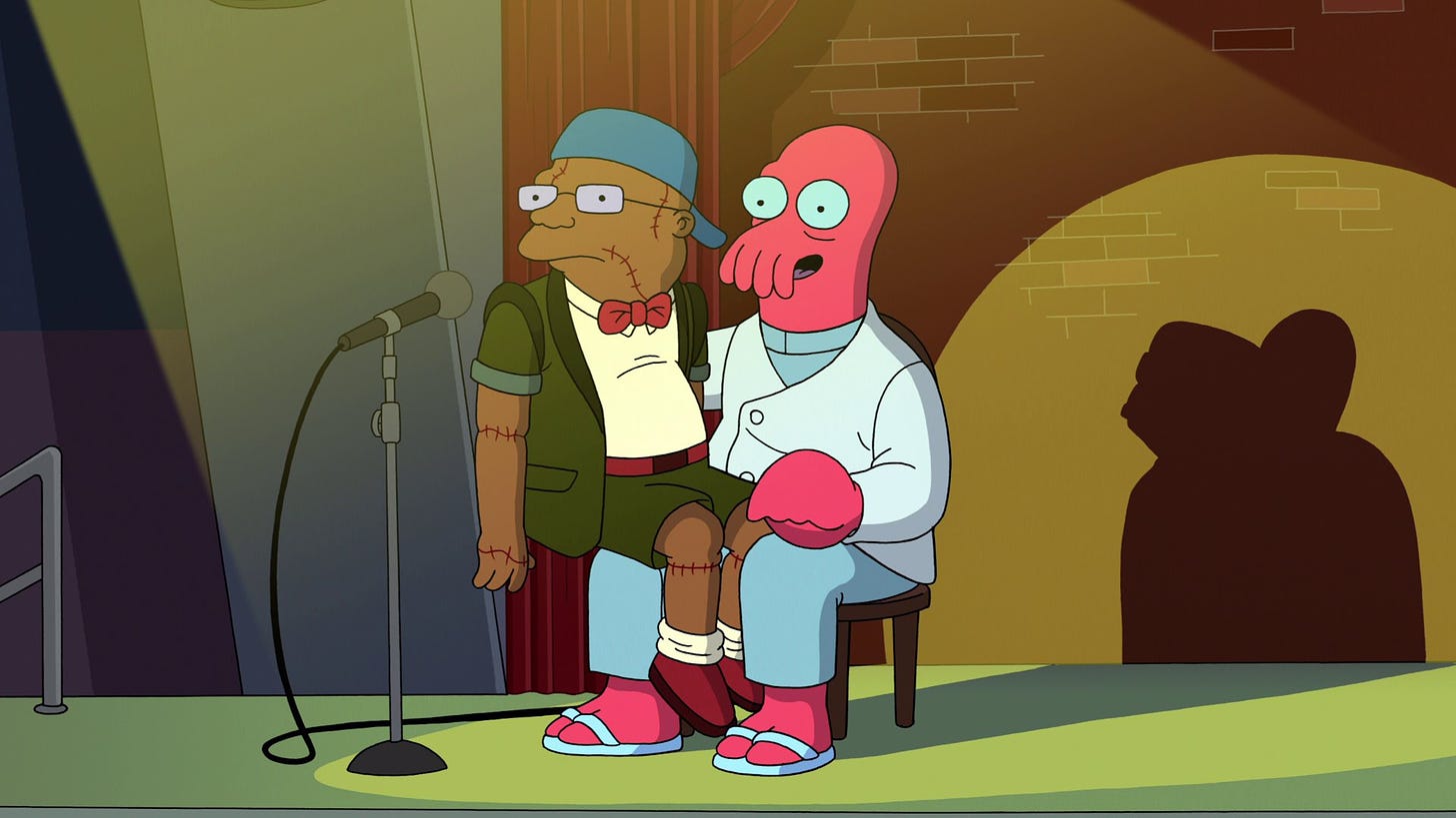 Scena da Futurama in cui Zoidberg tiene uno spettacolo di ventriloquismo con il corpo senza cervello di Hermes